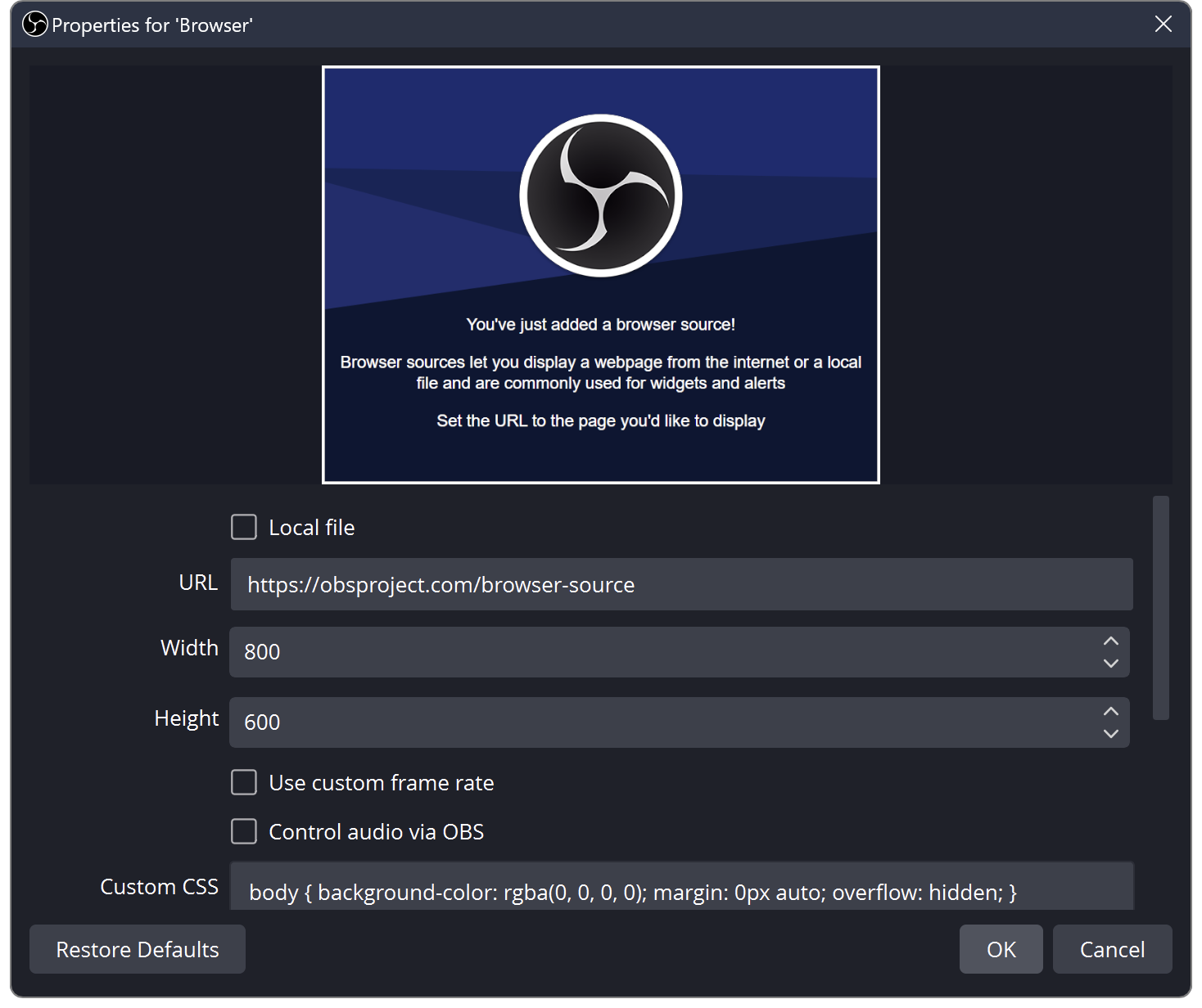 Official OBS Browser Source properties, showing the URL, Width and Height fields to change.