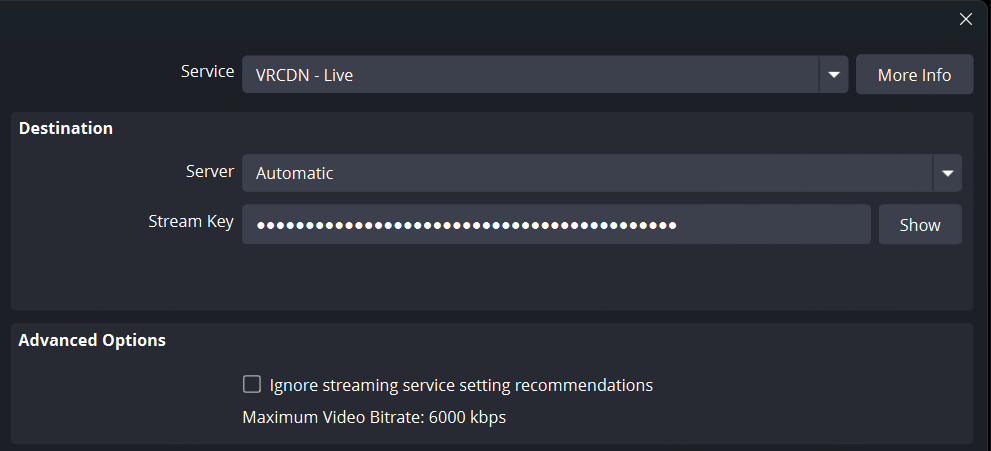 Official VRCDN example of OBS Stream settings: VRCDN - Live service, Automatic server and a hidden Stream Key.